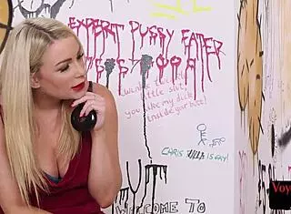 Blonde Femdom Babe In Lingerie Feels Thrilled Watching Male Jerk Off In Toilet