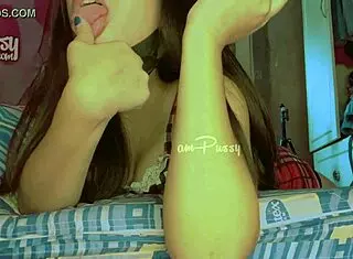 teen enjoys ice cream in close-up homemade video