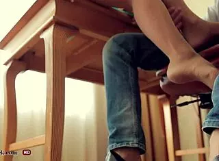 secretary leg tease in sheer nude pantyhose, showing off feet and nylon