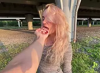 risky public masturbation under the bridge with a hot blonde 😏