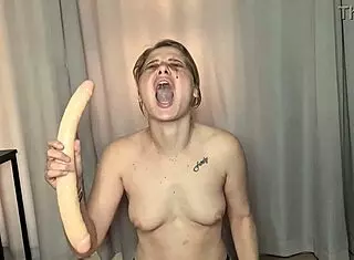 pale topless slut dildo gagging with her own spit all over her face 😈