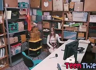 Teen thief Dolly Leigh forced to suck massive cock in office