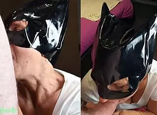 I suck my husband's huge cock under the catwoman mask and lick his jizz off my face