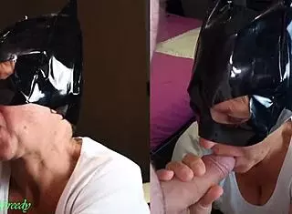 I suck my husband's huge cock under the catwoman mask and lick his jizz off my face