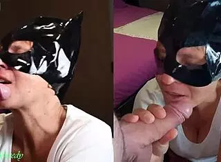 I suck my husband's huge cock under the catwoman mask and lick his jizz off my face