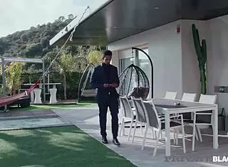 Blonde teen maid in lingerie and stockings cleans the house