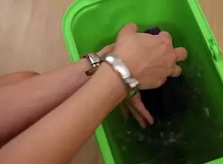 sofi washes floors bound in handcuffs and ballgag while getting flogged