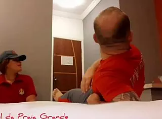 naughty firefighter eagerly sucks colleague's cock at work