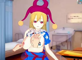 3D Cartoon Anime Clown Girl Gives Blowjob and Handjob to Big Tits in Hentai Touhou Project Game
