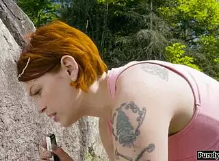 a researcher spots a naked guy getting an outdoor blowjob from a big-tits woman