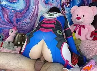 Soldier 76 in cosplay interacts suggestively with young brunette