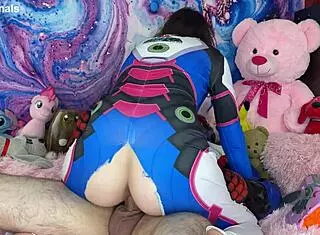 Soldier 76 in cosplay interacts suggestively with young brunette