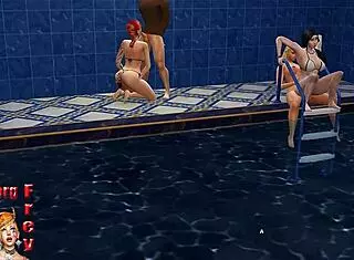 A redhead transsexual joins brunette and blonde in pool threesome.