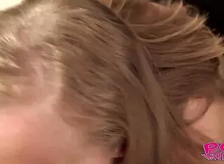 Cute blonde Leah gives a steamy POV blowjob in close-up action.