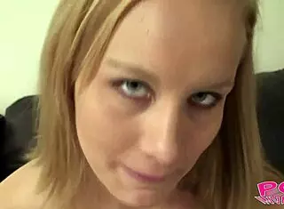 Cute blonde Leah gives a steamy POV blowjob in close-up action.