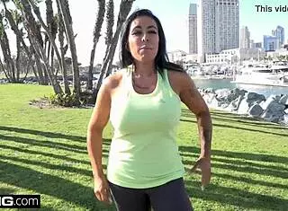 Milf Simone Garza prepares for outdoor workout session