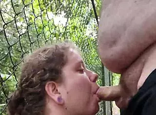 just got my dick sucked deepthroat cock blowjob gagging choking along fence public outdoor