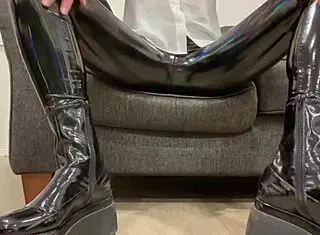 Fetish masturbation with latex PVC shiny boots and rubbing sounds