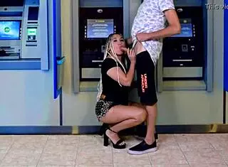 Wife gives nocturnal blowjob at the public ATM.