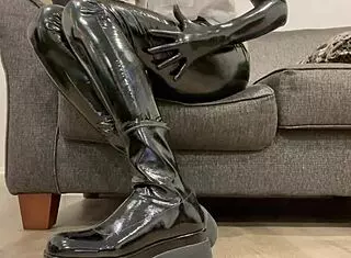 Fetish masturbation with latex PVC shiny boots and rubbing sounds