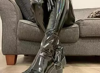 Fetish masturbation with latex PVC shiny boots and rubbing sounds