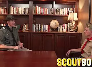 Tiny twink in scoutboys gets barebacked by massive bodybuilder's hairy cock.