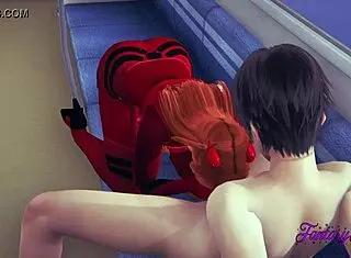 Shinji fucks Asuka in the train after handjob and blowjob!