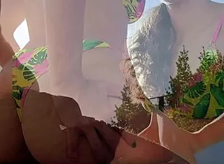 Neighbor gives deepthroat blowjob, cum on natural tits