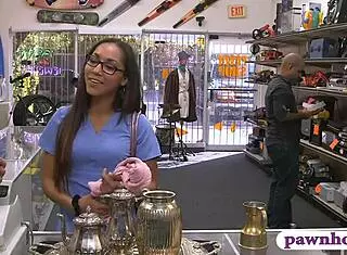 Babe with glasses gets pounded hard by the pawn keeper in the shop