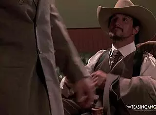 horny cowboys convince three sluts to fuck on sofa