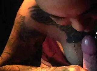 latina with tattoo giving intense blowjob, sucking deep and hard
