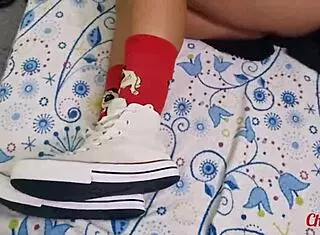 My Girlfriend Seduces Me With Shoes And Red Socks For Footjob Cumshot!