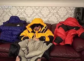 Leather Sofa Fun with Down Jackets