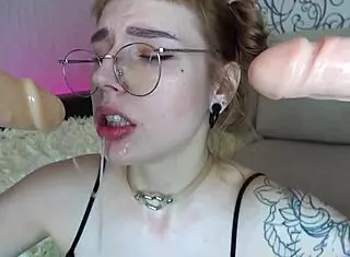 Cute girl in glasses tries first double penetration solo