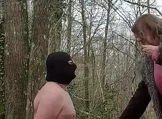 Emotional submission of my slave in the forest, feeling the power