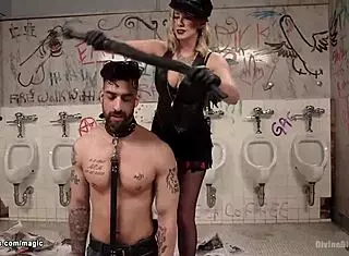 femdom whips guy in public bathroom