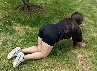 Latina teen works out naked with ripped shorts