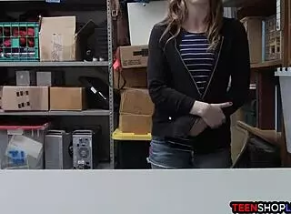 The nerdy teen deepthroats the security's big cock in the shop