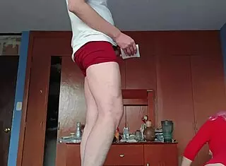 in homemade video, she sucks cock in red dress with natural tits and handjob leading to cumshot