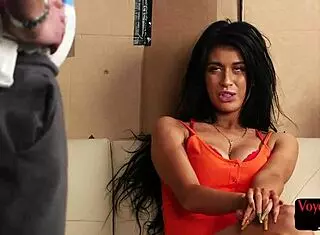 Busty voyeur babe in heels teases dude while tugging cock! Watch her dominate!