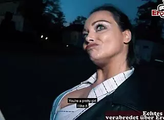 Milf with big tits picked up in nylons on street. European hottie gets wild with cock.