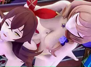 Lisa Fucks Amber in Futanari Style with Genshin Impact Sounds, Bent Over and Cumming