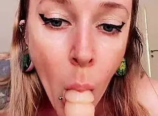 Hairy pussy rides dildo with big natural tits