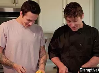 closeted guy fucks his cooking instructor in the kitchen.