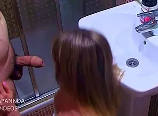 Petite whore sucks and fucks boss's cock in bathroom POV