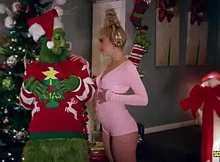 Blonde pornstar in Grinch XXX parody 4some
