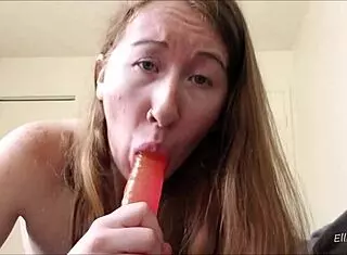 Redhead passionately sucks cock with dildo and toys