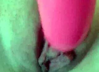 playing with my pussy using big pink dildo, feels so good