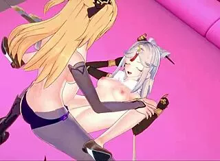 Fischl eats ningguangs ass then fucks her with a strapon cock - genshin impact hentai