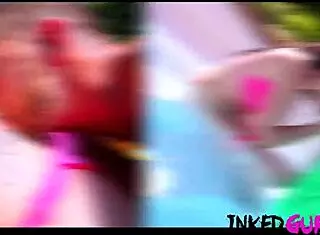 Inked gurlz tattooed step-sister FUCKED in family pool